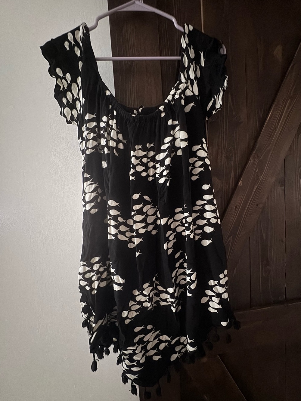Fighting Eel Black and White fish print Mini Dress with Tassel Hem off shoulder